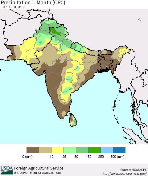 Southern Asia Precipitation 1-Month (CPC) Thematic Map For 1/1/2019 - 1/31/2019