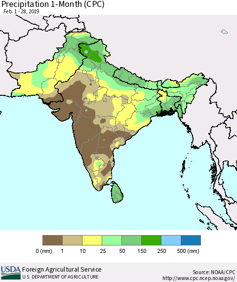 Southern Asia Precipitation 1-Month (CPC) Thematic Map For 2/1/2019 - 2/28/2019