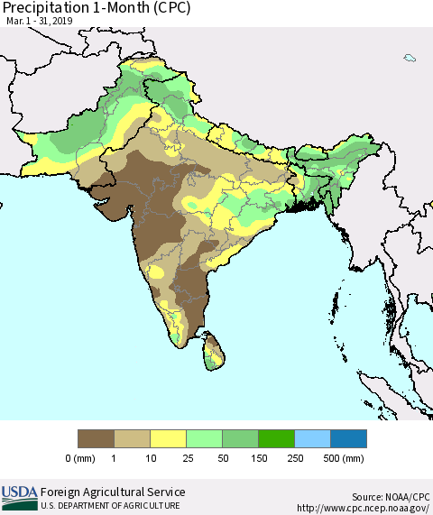 Southern Asia Precipitation 1-Month (CPC) Thematic Map For 3/1/2019 - 3/31/2019