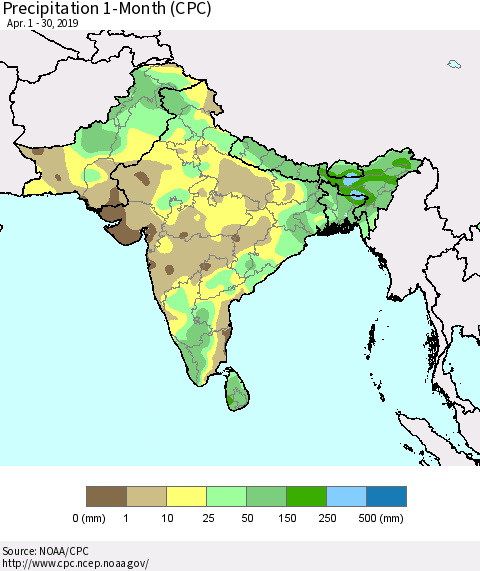 Southern Asia Precipitation 1-Month (CPC) Thematic Map For 4/1/2019 - 4/30/2019