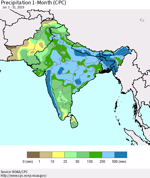Southern Asia Precipitation 1-Month (CPC) Thematic Map For 7/1/2019 - 7/31/2019