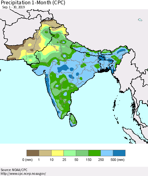 Southern Asia Precipitation 1-Month (CPC) Thematic Map For 9/1/2019 - 9/30/2019