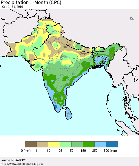 Southern Asia Precipitation 1-Month (CPC) Thematic Map For 10/1/2019 - 10/31/2019