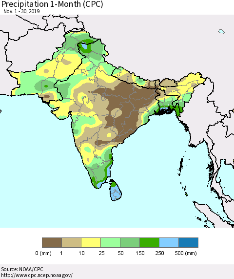 Southern Asia Precipitation 1-Month (CPC) Thematic Map For 11/1/2019 - 11/30/2019