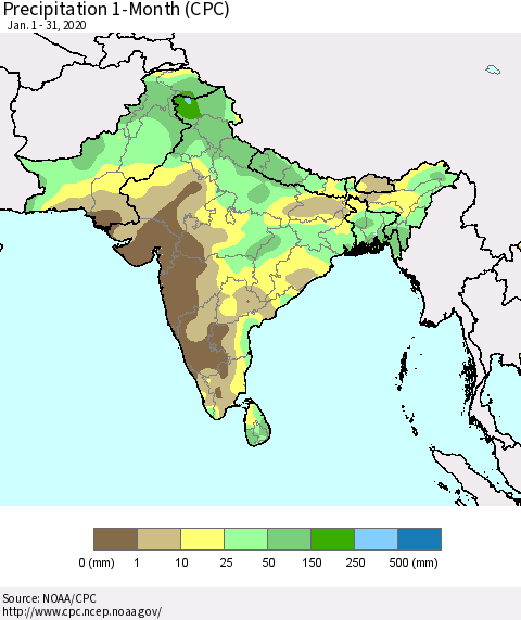 Southern Asia Precipitation 1-Month (CPC) Thematic Map For 1/1/2020 - 1/31/2020
