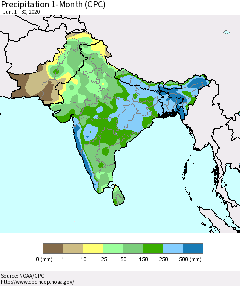 Southern Asia Precipitation 1-Month (CPC) Thematic Map For 6/1/2020 - 6/30/2020