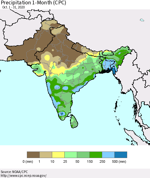 Southern Asia Precipitation 1-Month (CPC) Thematic Map For 10/1/2020 - 10/31/2020