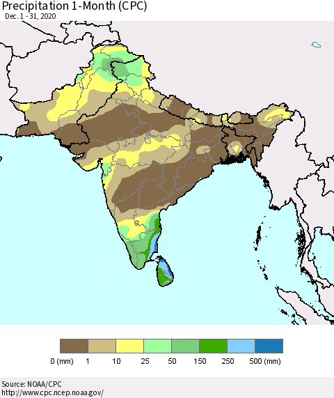 Southern Asia Precipitation 1-Month (CPC) Thematic Map For 12/1/2020 - 12/31/2020