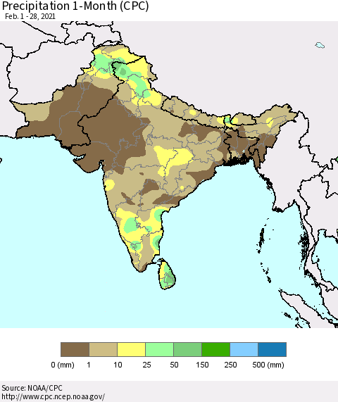 Southern Asia Precipitation 1-Month (CPC) Thematic Map For 2/1/2021 - 2/28/2021