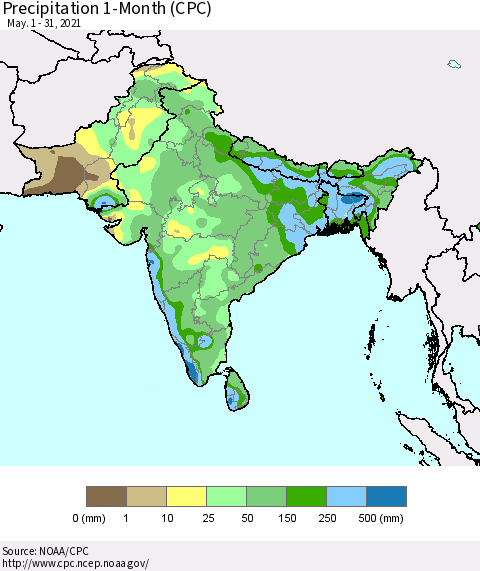 Southern Asia Precipitation 1-Month (CPC) Thematic Map For 5/1/2021 - 5/31/2021