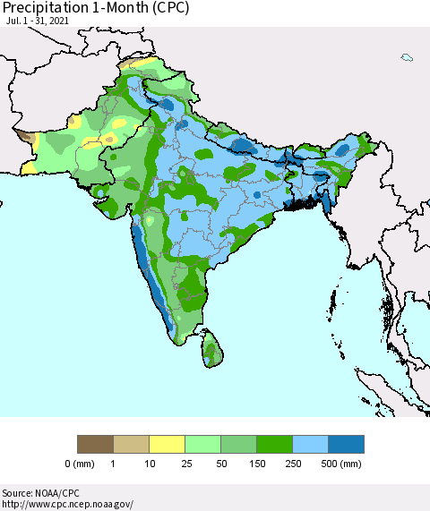 Southern Asia Precipitation 1-Month (CPC) Thematic Map For 7/1/2021 - 7/31/2021