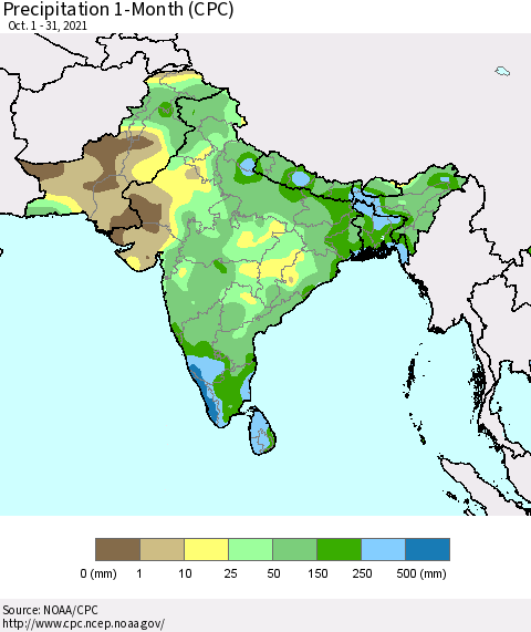 Southern Asia Precipitation 1-Month (CPC) Thematic Map For 10/1/2021 - 10/31/2021