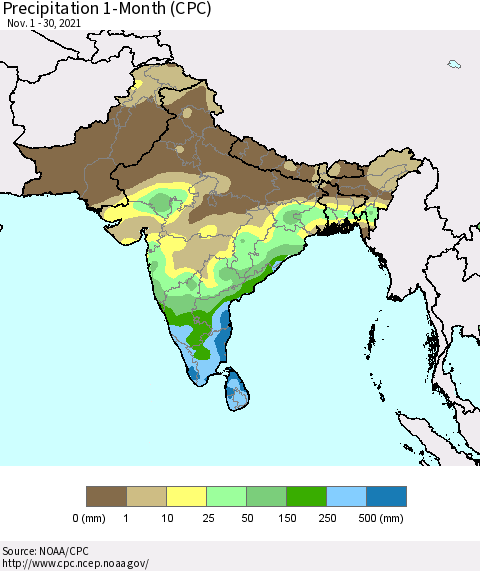 Southern Asia Precipitation 1-Month (CPC) Thematic Map For 11/1/2021 - 11/30/2021