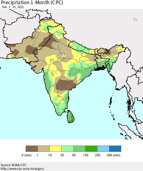 Southern Asia Precipitation 1-Month (CPC) Thematic Map For 12/1/2021 - 12/31/2021