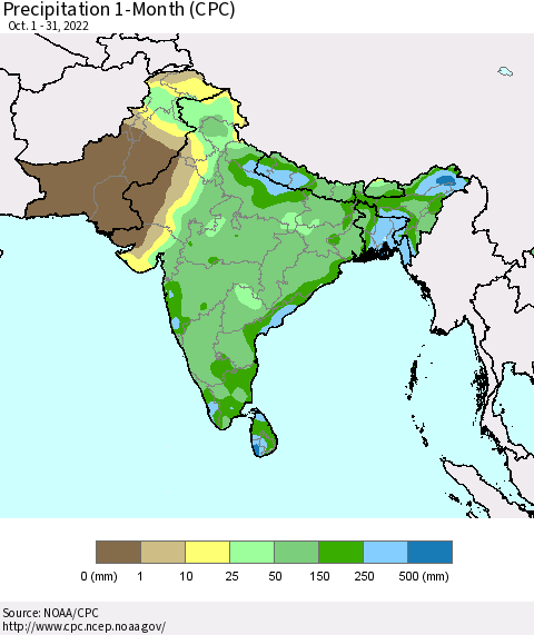 Southern Asia Precipitation 1-Month (CPC) Thematic Map For 10/1/2022 - 10/31/2022