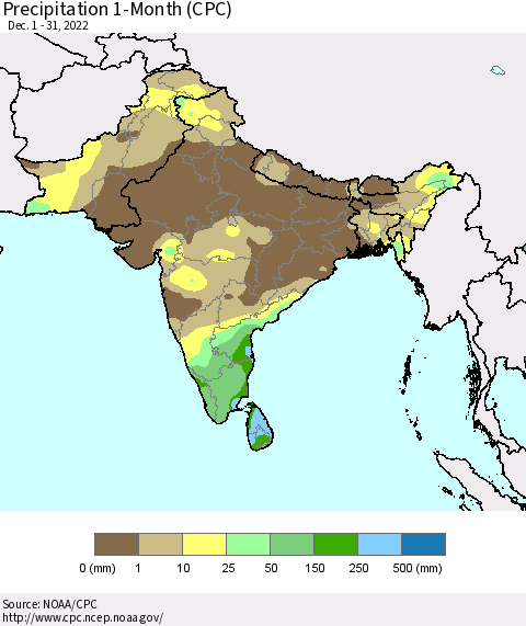 Southern Asia Precipitation 1-Month (CPC) Thematic Map For 12/1/2022 - 12/31/2022