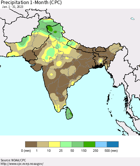 Southern Asia Precipitation 1-Month (CPC) Thematic Map For 1/1/2023 - 1/31/2023