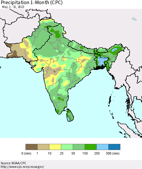 Southern Asia Precipitation 1-Month (CPC) Thematic Map For 5/1/2023 - 5/31/2023