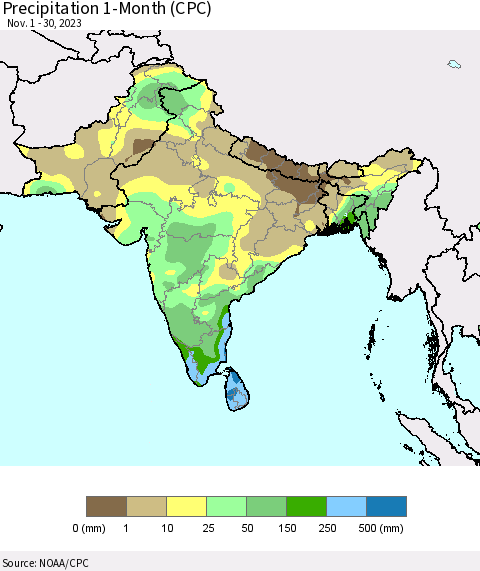 Southern Asia Precipitation 1-Month (CPC) Thematic Map For 11/1/2023 - 11/30/2023