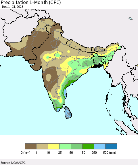Southern Asia Precipitation 1-Month (CPC) Thematic Map For 12/1/2023 - 12/31/2023