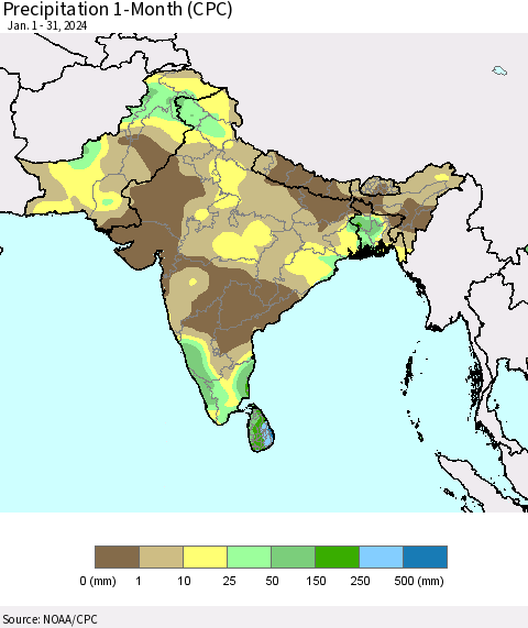 Southern Asia Precipitation 1-Month (CPC) Thematic Map For 1/1/2024 - 1/31/2024