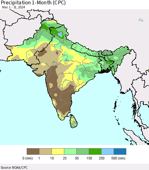 Southern Asia Precipitation 1-Month (CPC) Thematic Map For 3/1/2024 - 3/31/2024