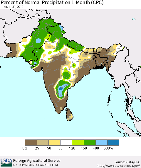 Southern Asia Percent of Normal Precipitation 1-Month (CPC) Thematic Map For 1/1/2019 - 1/31/2019
