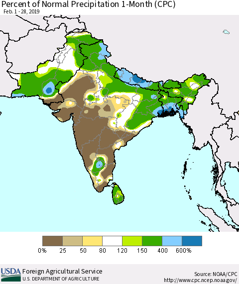 Southern Asia Percent of Normal Precipitation 1-Month (CPC) Thematic Map For 2/1/2019 - 2/28/2019
