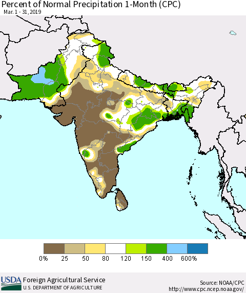 Southern Asia Percent of Normal Precipitation 1-Month (CPC) Thematic Map For 3/1/2019 - 3/31/2019