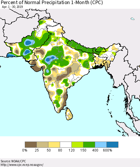 Southern Asia Percent of Normal Precipitation 1-Month (CPC) Thematic Map For 4/1/2019 - 4/30/2019