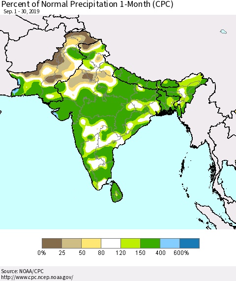 Southern Asia Percent of Normal Precipitation 1-Month (CPC) Thematic Map For 9/1/2019 - 9/30/2019
