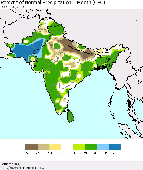 Southern Asia Percent of Normal Precipitation 1-Month (CPC) Thematic Map For 10/1/2019 - 10/31/2019
