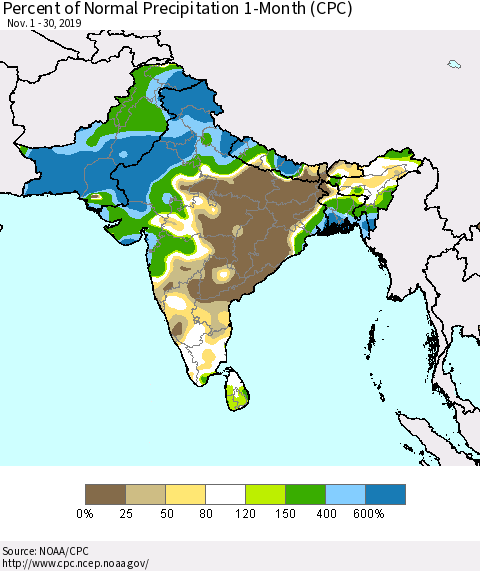 Southern Asia Percent of Normal Precipitation 1-Month (CPC) Thematic Map For 11/1/2019 - 11/30/2019