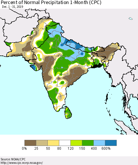Southern Asia Percent of Normal Precipitation 1-Month (CPC) Thematic Map For 12/1/2019 - 12/31/2019