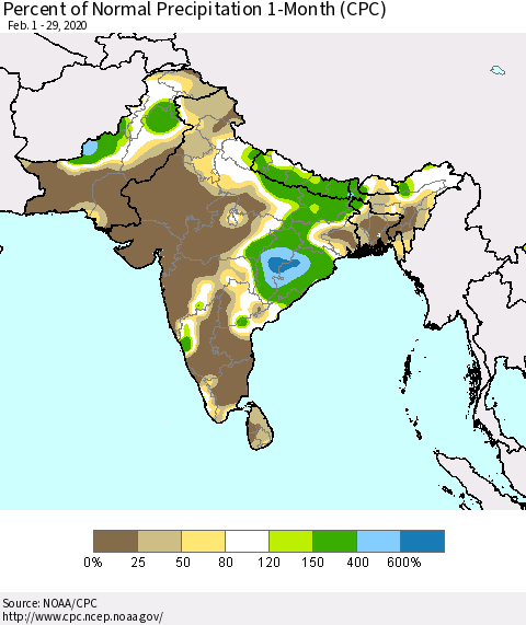 Southern Asia Percent of Normal Precipitation 1-Month (CPC) Thematic Map For 2/1/2020 - 2/29/2020