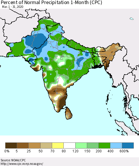 Southern Asia Percent of Normal Precipitation 1-Month (CPC) Thematic Map For 3/1/2020 - 3/31/2020