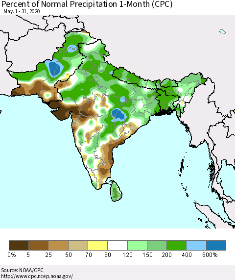 Southern Asia Percent of Normal Precipitation 1-Month (CPC) Thematic Map For 5/1/2020 - 5/31/2020
