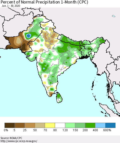Southern Asia Percent of Normal Precipitation 1-Month (CPC) Thematic Map For 6/1/2020 - 6/30/2020
