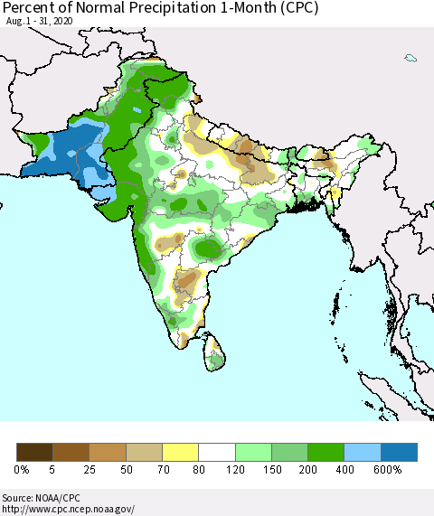 Southern Asia Percent of Normal Precipitation 1-Month (CPC) Thematic Map For 8/1/2020 - 8/31/2020
