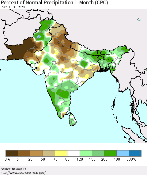 Southern Asia Percent of Normal Precipitation 1-Month (CPC) Thematic Map For 9/1/2020 - 9/30/2020