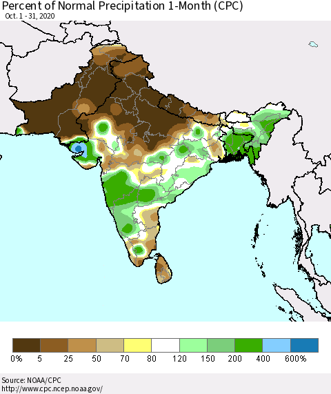 Southern Asia Percent of Normal Precipitation 1-Month (CPC) Thematic Map For 10/1/2020 - 10/31/2020