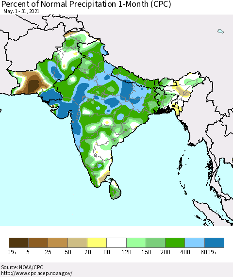 Southern Asia Percent of Normal Precipitation 1-Month (CPC) Thematic Map For 5/1/2021 - 5/31/2021