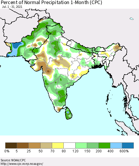 Southern Asia Percent of Normal Precipitation 1-Month (CPC) Thematic Map For 7/1/2021 - 7/31/2021