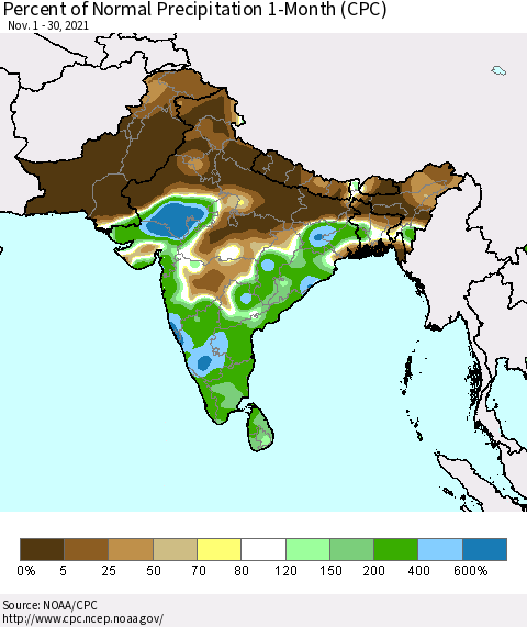 Southern Asia Percent of Normal Precipitation 1-Month (CPC) Thematic Map For 11/1/2021 - 11/30/2021