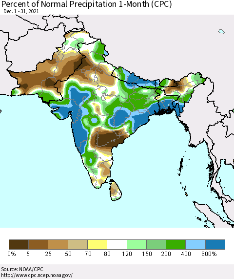 Southern Asia Percent of Normal Precipitation 1-Month (CPC) Thematic Map For 12/1/2021 - 12/31/2021