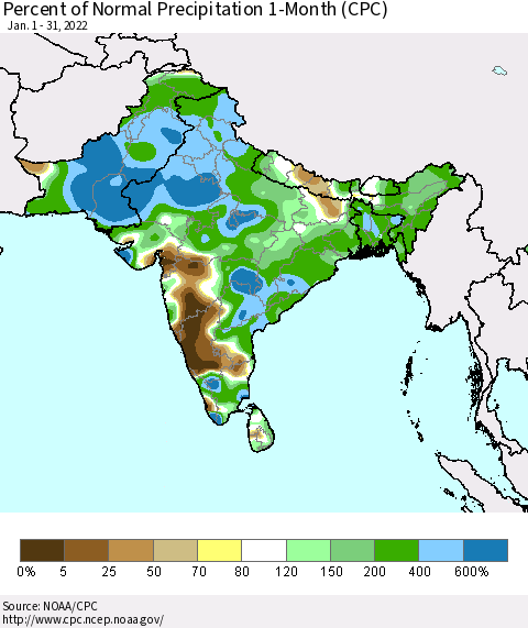 Southern Asia Percent of Normal Precipitation 1-Month (CPC) Thematic Map For 1/1/2022 - 1/31/2022