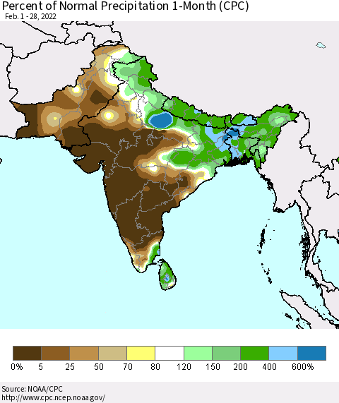 Southern Asia Percent of Normal Precipitation 1-Month (CPC) Thematic Map For 2/1/2022 - 2/28/2022