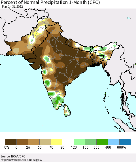Southern Asia Percent of Normal Precipitation 1-Month (CPC) Thematic Map For 3/1/2022 - 3/31/2022