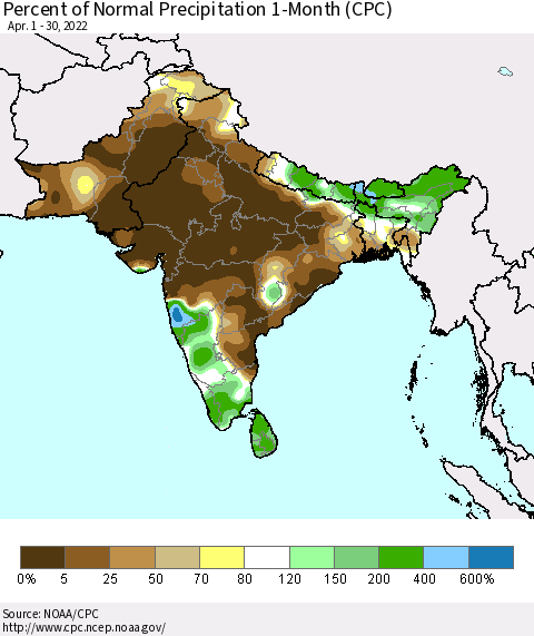 Southern Asia Percent of Normal Precipitation 1-Month (CPC) Thematic Map For 4/1/2022 - 4/30/2022