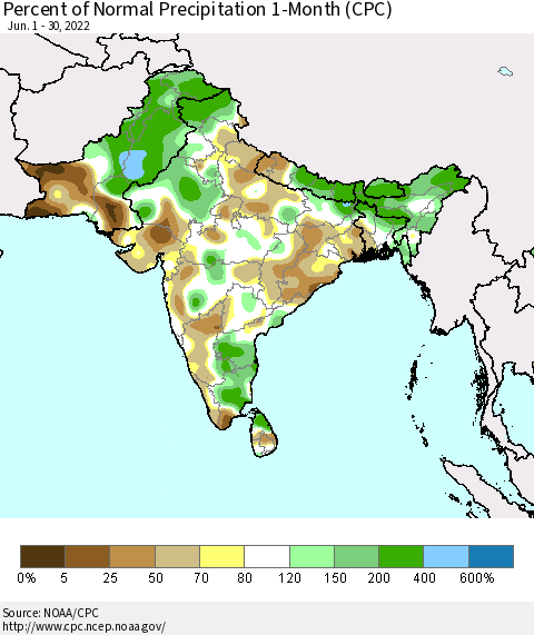 Southern Asia Percent of Normal Precipitation 1-Month (CPC) Thematic Map For 6/1/2022 - 6/30/2022